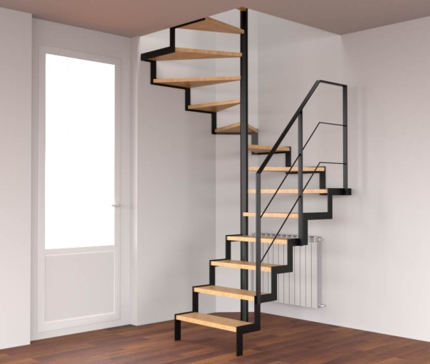 Infografía de escalera 3D para escalera de zanca central con peldaños de madera